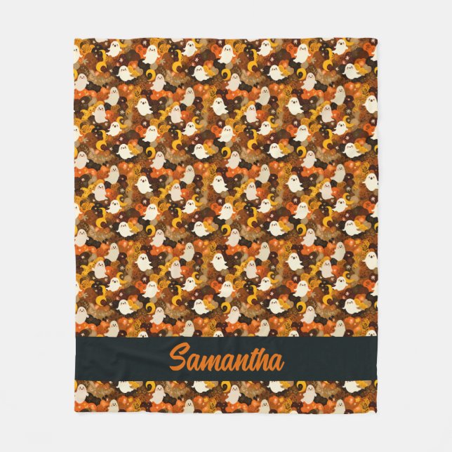 Mysiga hösten Spöken och Löv Halloween Fleecefilt (Framsidan)