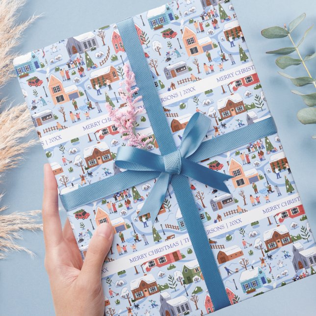 Mysiga Hygge-byfamiljen för julvinterbyar Namn Presentpapper (Hygge Scandinavian Christmas Village Wrapping Paper)