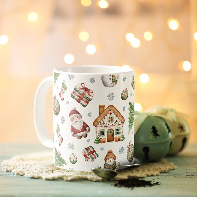 Mysiga Julgran Gingerbröd House Jultomten Kaffemugg (Cozy Christmas Tree Gingerbread House Santa Claus Coffee Mug)