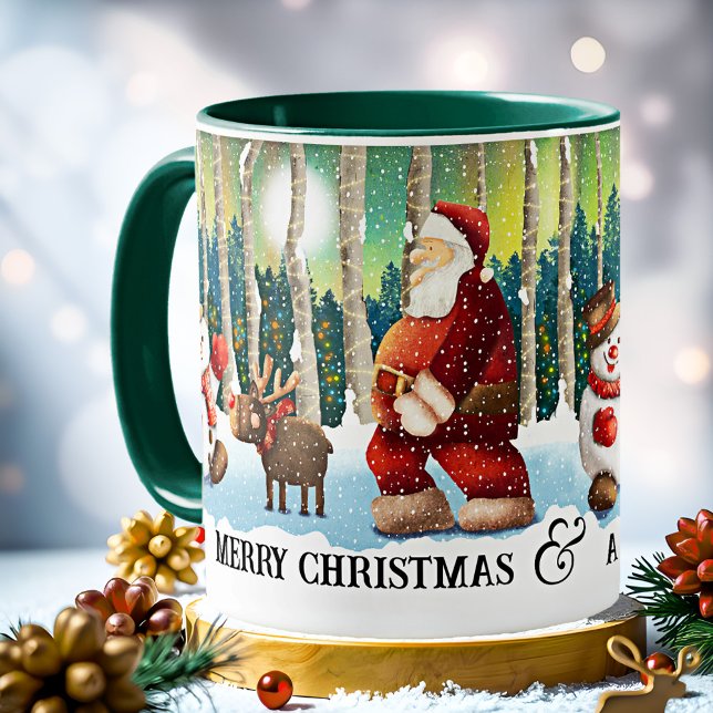Mysiga jultomten Mugg (Christmas mug featuring an illustration of Santa in the forest with friends reindeer and Snow Man)