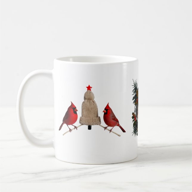  mysiga kardinalfåglar stickad mössa julgran  kaffemugg (Vänster)