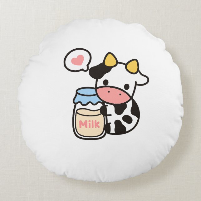 Mysiga Kawaii Cow & Mjölk Burk Rund Kudde (Framsidan)