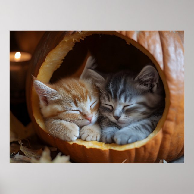 Mysiga Kittens Snuggle i en Pumpkin Poster (Framsidan)