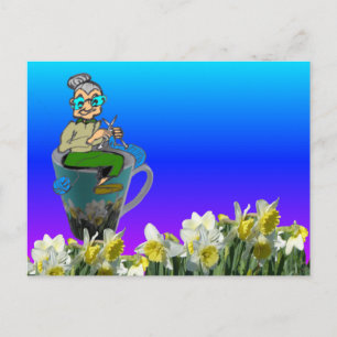 Mysiga Knitting Woman på Daffodils Mugg DIY-vykort Vykort
