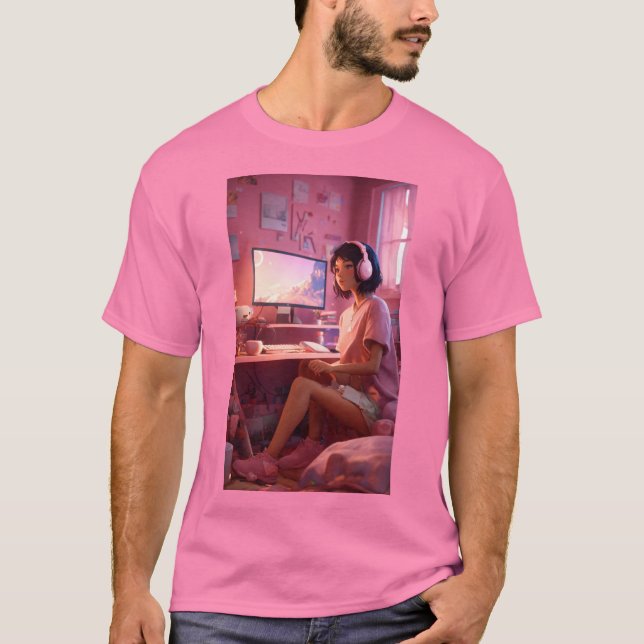 "Mysiga Lofi Vibes: Cute Girl in Pastel Haven" T Shirt (Framsida)