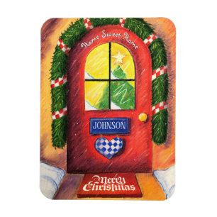 Mysiga röd främre dörr - God jul - Snö Magnet