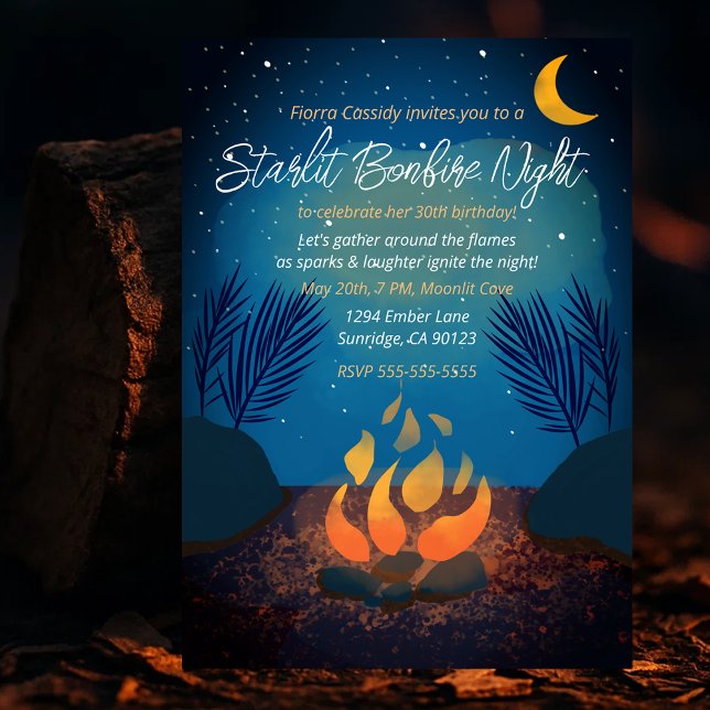 Mysiga Starlit Bonfire Födelsedagsfest inbjudan (Cozy Starlit Bonfire Birthday Party Invitation
)
