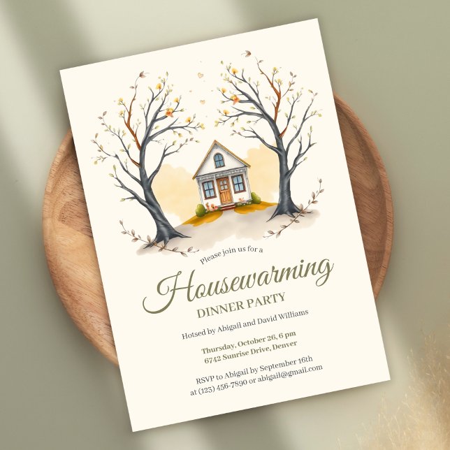 Mysiga stugan Hushållsuppvärmningsmiddag Party Inbjudningar (Cozy Housewarming Dinner Party Invitation – Autumn Cottage Theme Invitation)