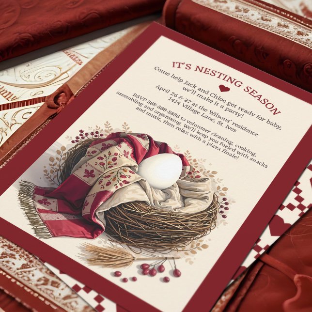 Mysiga varmen vid förtöjning av Party Nest Baby Eg Inbjudningar (Nesting party alternative baby shower invitation, gender neutral cozy egg in bird's nest natural red)