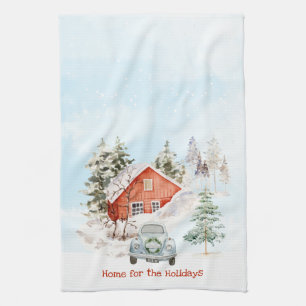 Mysiga vinterhuset och Vintage bil jul Kökshandduk