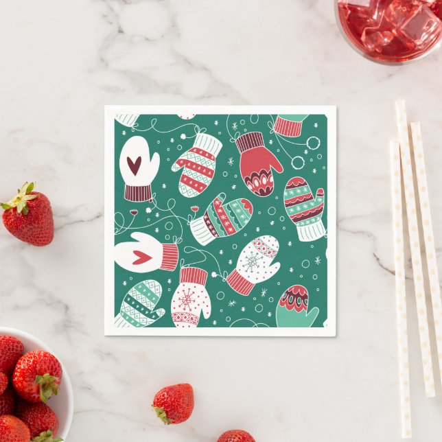 Mysiga vinterjulhelgen Mittens Mönster i Grönt Pappersservett (Insitu)