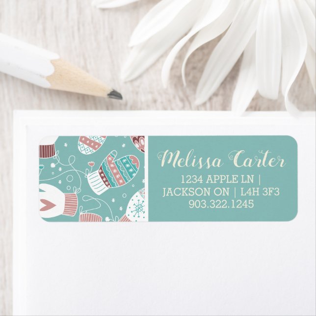 Mysiga vinterjulhelgen Mittens Mönster i Mint Returadress Etikett (Insitu)