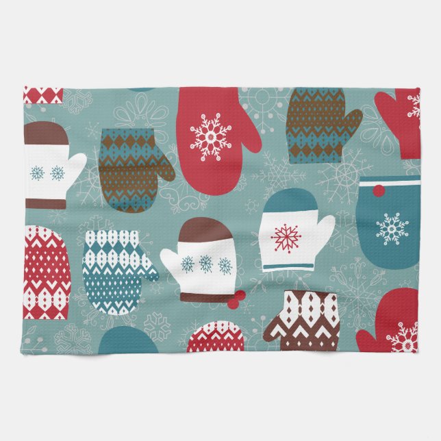 Mysiga vinterjultomten Mittens Blue Kökshandduk (Horisontell)
