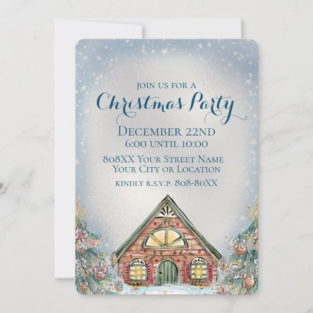 Mysiga vinterstuga och Julgranar Inbjudningar (Framsida)