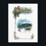 Mysiga vinterstuga och prinera julhälsningar vykort<br><div class="desc">Varm och mysigt stuga på vintern med snö på marken och i ornet,  elegant guld och grönt julhälsningar omgivna av vivel. Baksidan har kompletterande grafik och redigerbar fält.</div>