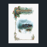 Mysiga vinterstuga och prinera julhälsningar vykort<br><div class="desc">Varm och mysigt stuga på vintern med snö på marken och i ornet,  elegant guld och grönt julhälsningar omgivna av vivel. Baksidan har kompletterande grafik och redigerbar fält.</div>