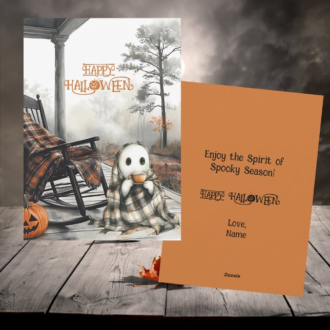 Mysiga Vita Ghost Rustic Fall Porch Happy hallowee Julkort (Skapare uppladdad)
