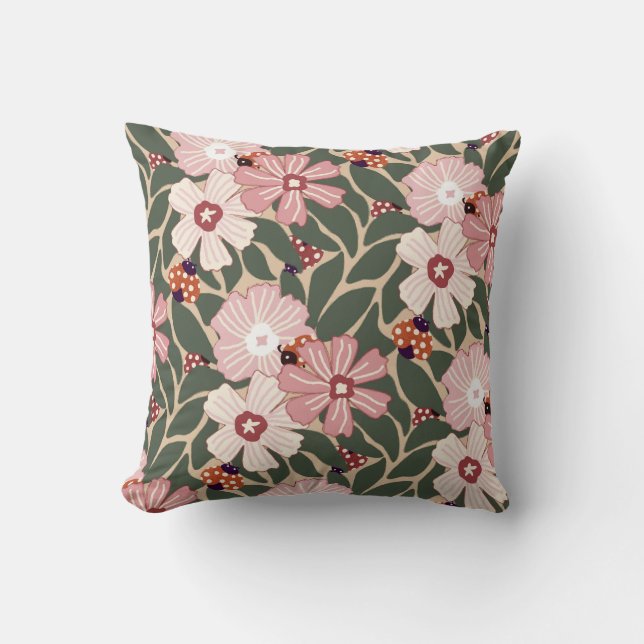 Mysiga Woodland Ladybugs & Wildblomme Earthy Färg Kudde (Framsida)