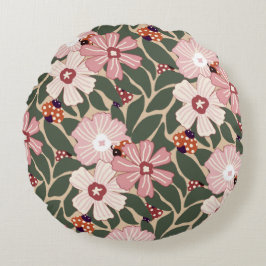 Mysiga Woodland Ladybugs & Wildblomme Earthy Färg Rund Kudde