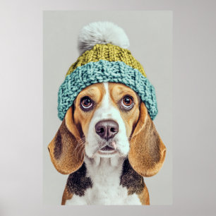Mysigt Beagle i en Sticka Hat i vintern Poster