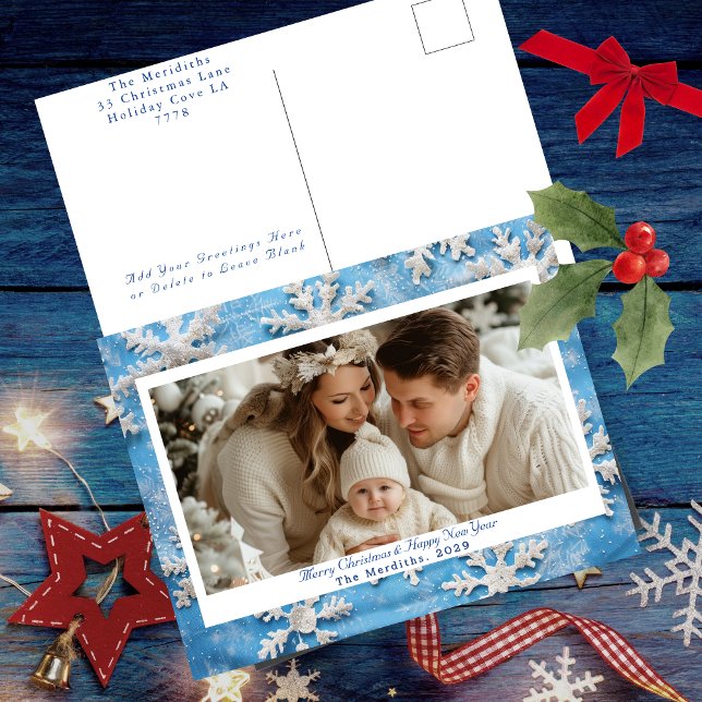 Mysigt blåblått julfoto helg vykort (Blue And White Christmas Snowflake Greeting Post Card )