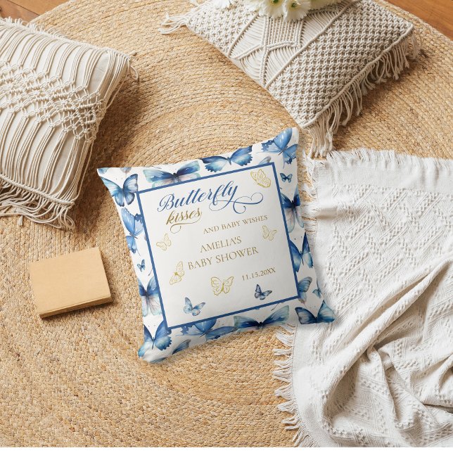 Mysigt Blue Guld Butterfly Kisses Baby Shower Kudde (Skapare uppladdad)