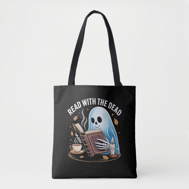 Mysigt bokish Halloween Ghost Skeleton Reading Tot Tygkasse (Framsida)