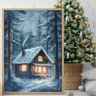Mysigt Cabin Nestled i Snowy Forest Poster