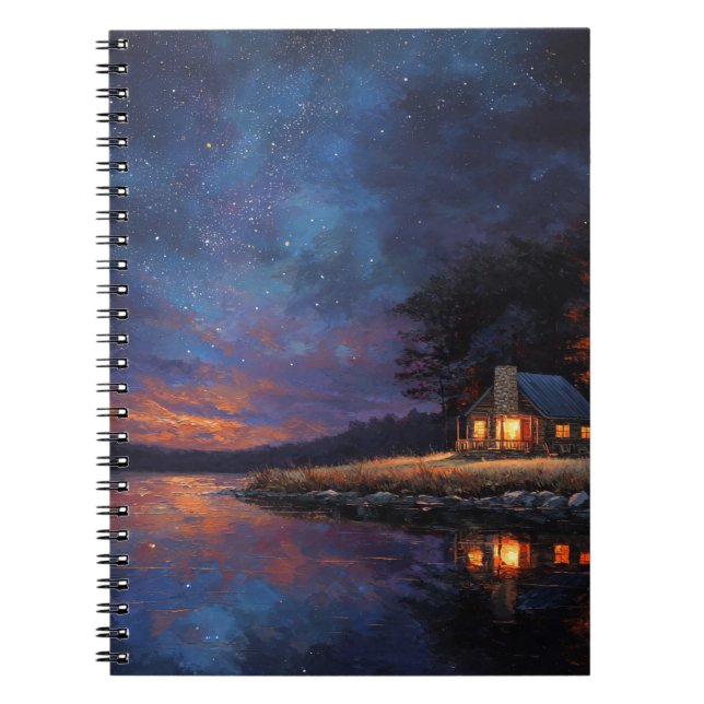 Mysigt Cabin Reflection Starry Twilight Notebook Anteckningsbok (Framsidan)