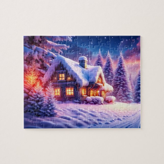 Mysigt Cabin vid Winter Wonderland Jigszle Puzzle Pussel (Horisontell)