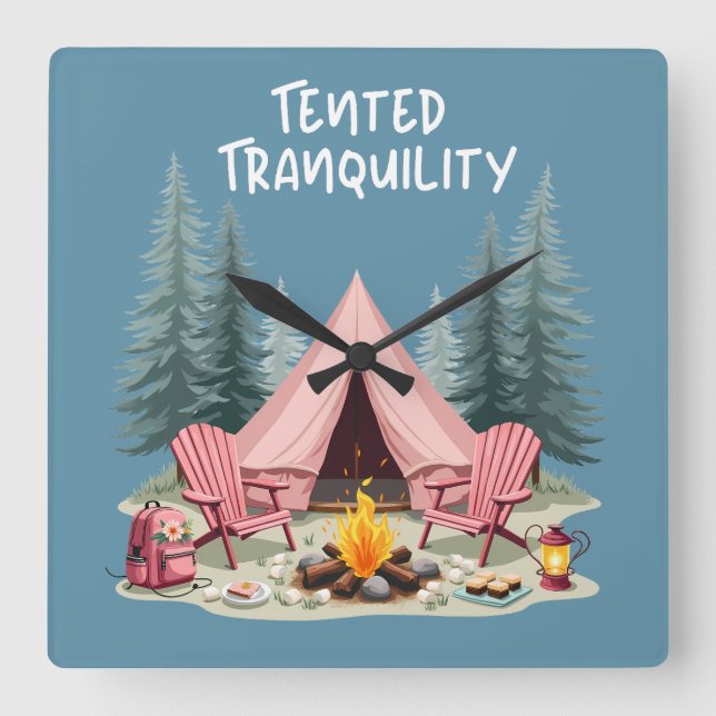 Mysigt Camping Aesthetic Glamping Tält & Campfire Fyrkantig Klocka (Framsida)