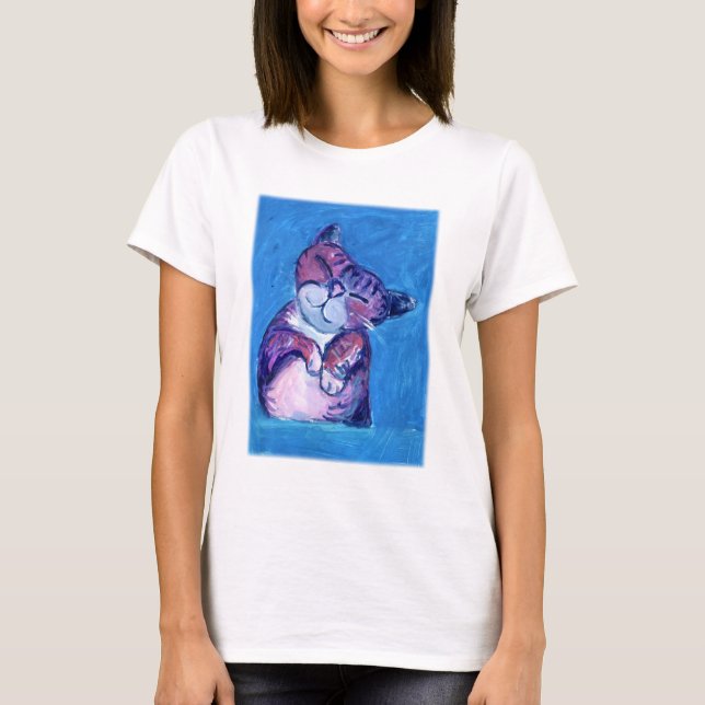 Mysigt Cat Painting Cute Kattdjur på Blue T Shirt (Framsida)