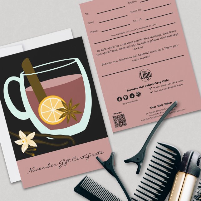 Mysigt Chic Rosa Black November Gift Certificate (Cozy Chic Pink Black November Gift Certificate, Professional Tracking, QR Code, Note)