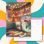Mysigt Cottage Kitsch Retro-jul Vykort<br><div class="desc">Cute teal mysigt vintage köks fullt av helgdag och julklapp,  ljus och retrovibes. Jag önskar er en mysigt,  gammaldags jul och ett Gott nytt år. Bakre text på vykortet kan vara personlig,  så du kan lägga till ditt namn om du vill eller ändra Julhälsningar.</div>