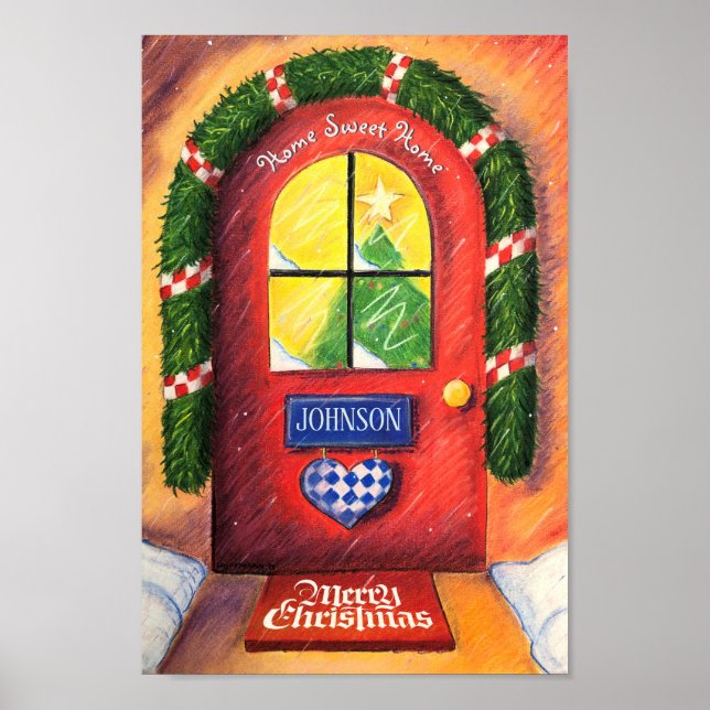 Mysigt dörr för vänligt röd God jul, framsida Poster (Framsidan)