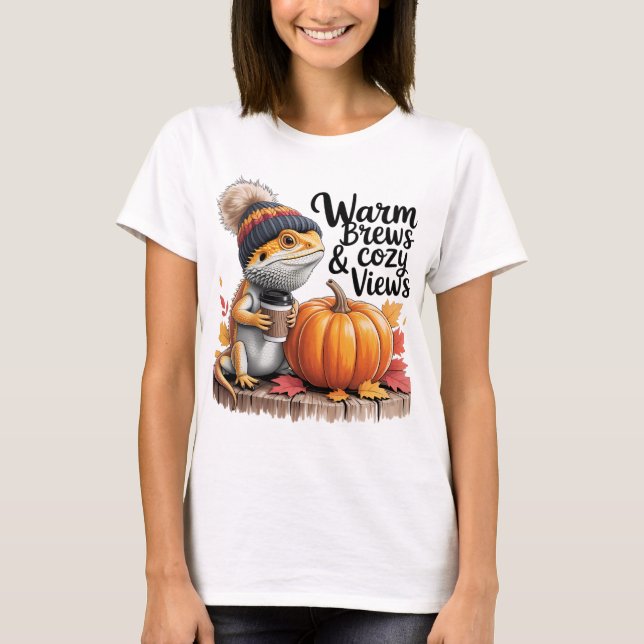 Mysigt Fall Beared Dragon med kaffe T Shirt (Framsida)