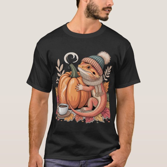 Mysigt Fall Beared Dragon med kaffekonst T Shirt (Framsida)