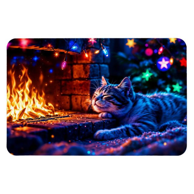 Mysigt fireplace gullkatt God jul Magnet (Horisontell)