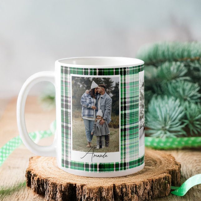 Mysigt foto för familjen Mörk grönt & Mint Play Fl Kaffemugg (Cozy Dark Green & Mint Plaid Flannel Family Photo Coffee Mug)