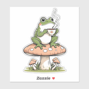 Mysigt Frog Drinking Tea on Toadstool Sticker Klistermärken
