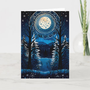 Mysigt full månskog för Blad Yule Winter Solstice Helgkort