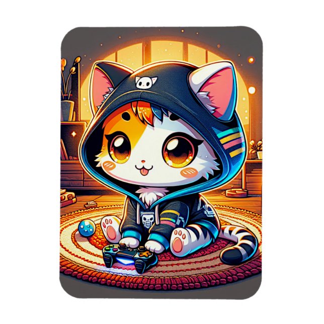 Mysigt Gamer Cat i Hoodie Magnet (Vertikal)