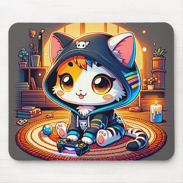 Mysigt Gamer Cat i Hoodie Musmatta (Framsidan)