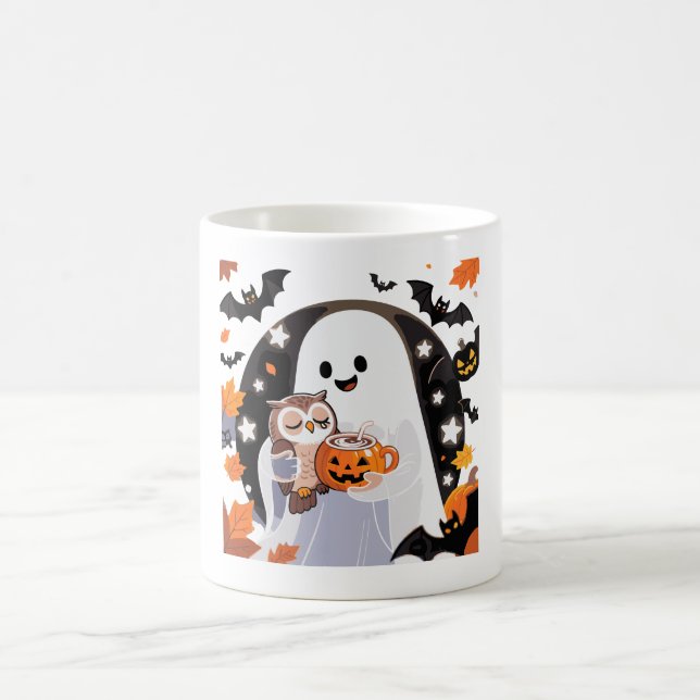 Mysigt Ghost och Uggla Halloween Art Kaffemugg (Center)