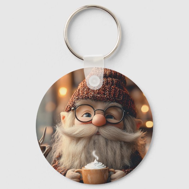 Mysigt Gnome Enjoying a Kopp of Hett Cocoa Nyckelring (Framsida)