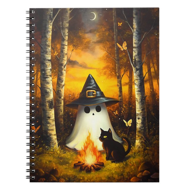 Mysigt Halloween Ghost & Black Cat Campfire Art Anteckningsbok (Framsidan)