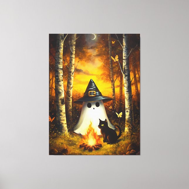 Mysigt Halloween Ghost & Black Cat Campfire Art Canvastryck (Framsida)