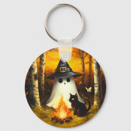 Mysigt Halloween Ghost & Black Cat Campfire Art Nyckelring