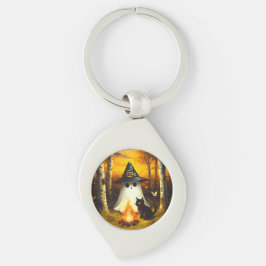Mysigt Halloween Ghost & Black Cat Campfire Art Swirl Silverfärgad Nyckelring