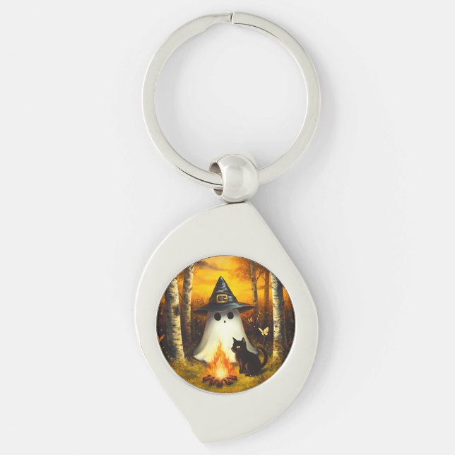 Mysigt Halloween Ghost & Black Cat Campfire Art Swirl Silverfärgad Nyckelring (Framsidan)